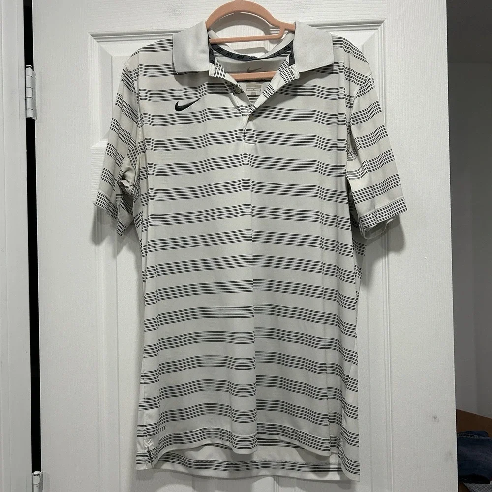 Nike Dri-Fit Men's Large Golf Shirt Polo White With Black Stripes